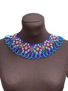 Handmade Beaded Womens Choker Necklace Blue Multicolor Boho Statement Party